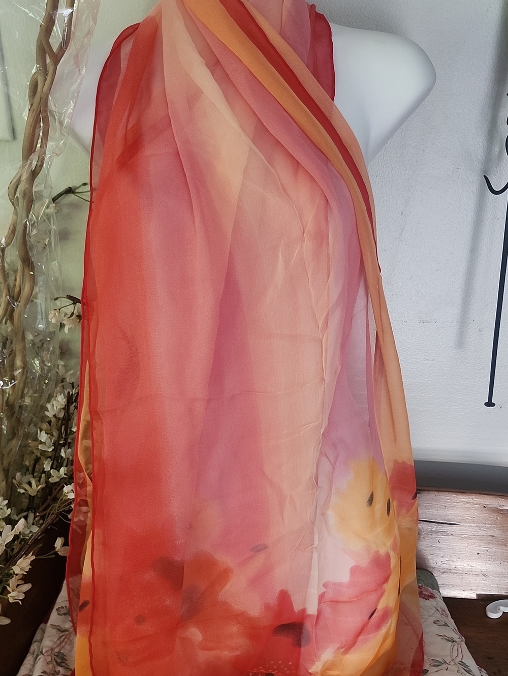 Cocoon House 100% Silk Sheer Floral Scarf/Wrap in Coral and Peach